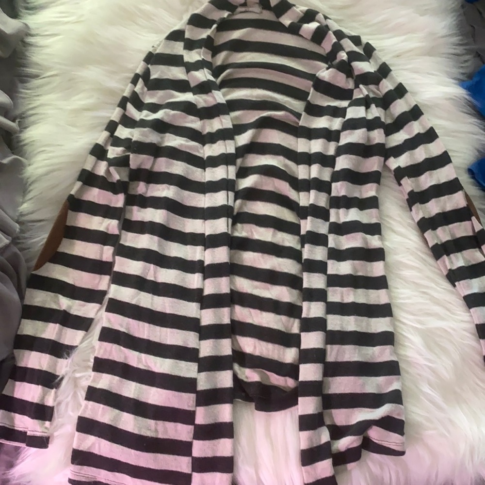 Gray/white striped cardigan with patch on elbows